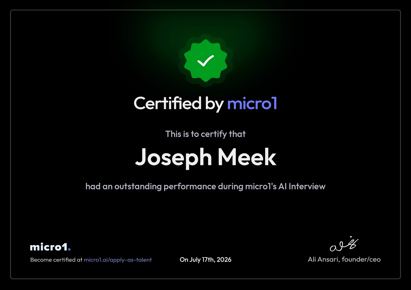 Micro1 certificate for outstanding performance during the AI Interview
